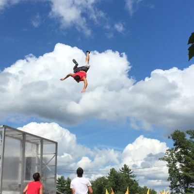 World class athletes perform extreme acts on trampolines